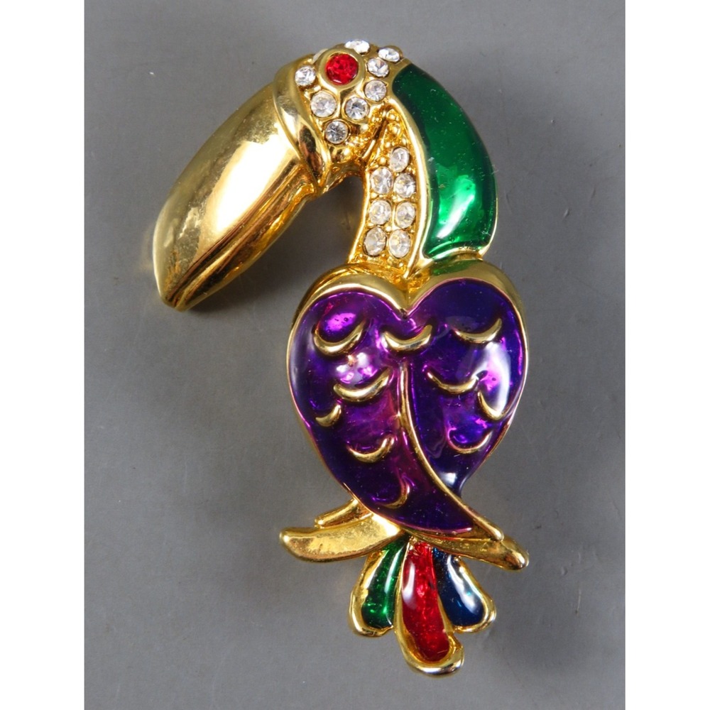 Vintage GOLD TONE BROOCH PIN Toucan Parrot Bird COLORFUL ENAMEL & Rhinestones